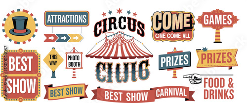 Vintage circus and carnival sign collection, retro amusement fair labels, colorful typography banners, entertainment poster design set with festive decorative elements