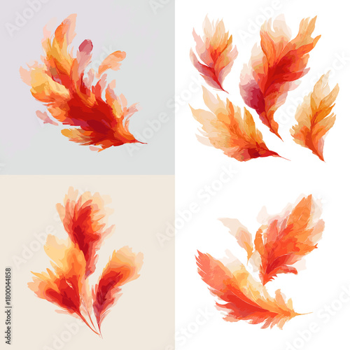 Vibrant orange watercolor feathers with flame-like gradients. Dynamic plumes in airy compositions, isolated on light backgrounds for posters, cards, patterns, and bold seasonal branding.