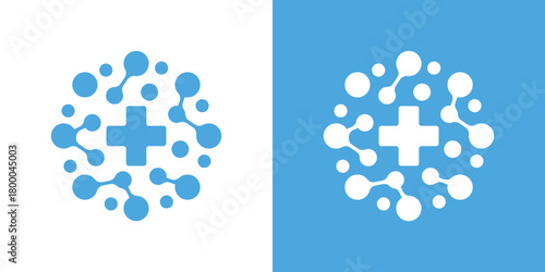 Molecule Medical Plus Connect Logo, Dual Meaning Symbol Combining Connected Dots, Molecular Structure, and Medical Plus for Health Innovation