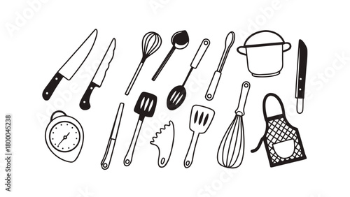 Collection of hand drawn kitchen utensils and cooking tools