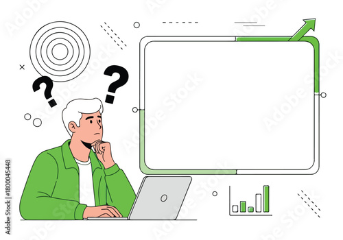 Man solving problem, planning business growth strategy on laptop - Flat stock illustration