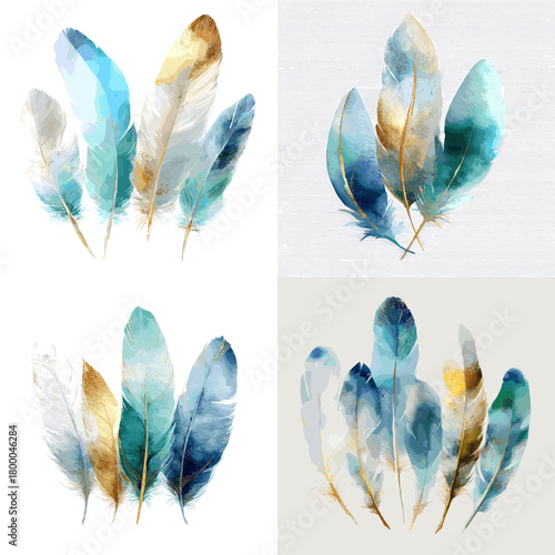 Aqua and gold watercolor feathers in soft clusters. Elegant boho plumes with subtle texture, isolated on light backgrounds perfect for invitations, logos, posters, patterns, and branding.