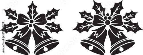 Christmas bells with holly vector silhouette