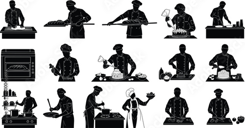 cooking, baking, chef, silhouette, kitchen, food, preparation, dough, oven, icing, chopping, culinary, activity, restaurant, tools