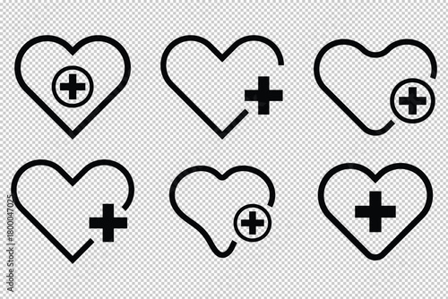 set of heart icon with plus and set of Favorites heart Icon, set of medical icons.