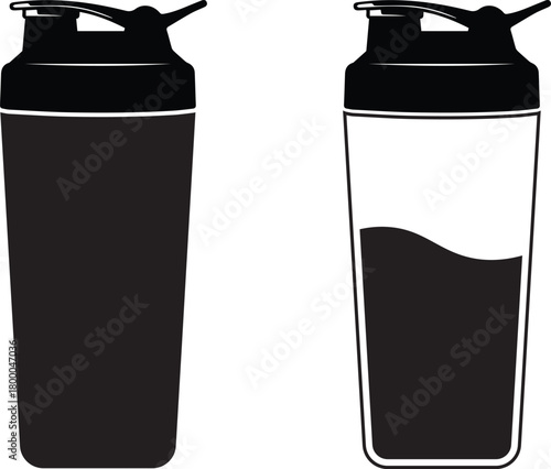 Two black silhouette shaker bottles for protein shakes and supplements one full and one with liquid inside isolated on white background
