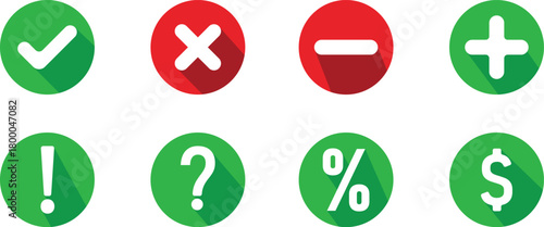 Collection of eight colorful circular icons representing common mathematical and symbolic operations including checkmark cross minus plus exclamation question percent and dollar signs