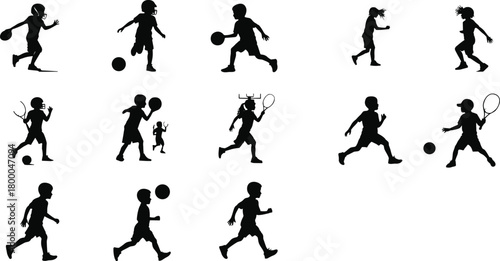 children, sports, silhouette, activity, play, movement, fitness, running, ball, tennis, football, energy, outdoor, exercise, dynamic