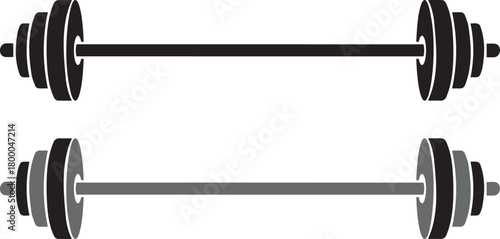 Two identical black barbells with stacked weight plates shown horizontally against a white background in a simple graphic illustration style