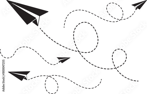 Three black paper airplanes flying on dotted line paths creating whimsical playful and adventurous routes across a white background symbolizing travel and imagination
