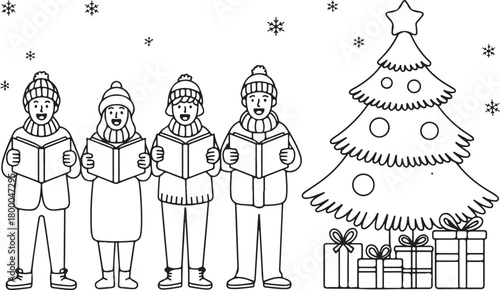 Christmas carolers singing in a winter town scene vector illustration. Group of people with songbooks next to a decorated tree