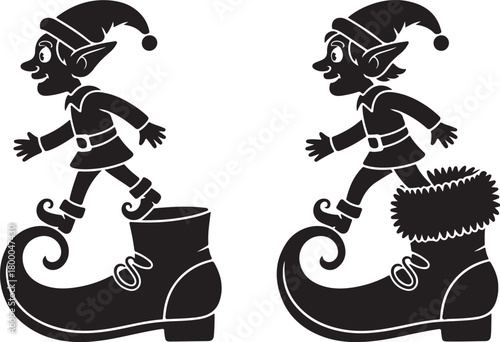 Christmas elf running on big boots silhouette. Funny holiday scene with Santa's helper in oversized shoes. Cute winter character vector illustration for festive design
