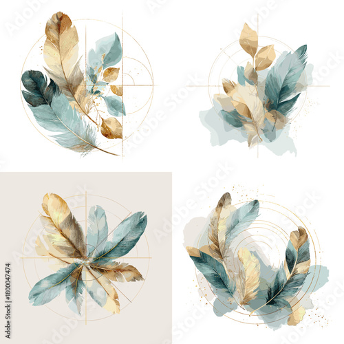Geometric feather compositions with golden circles teal and beige watercolor plumes arranged in modern emblem layouts. Perfect for logos, badges, invitations, and luxe branding.