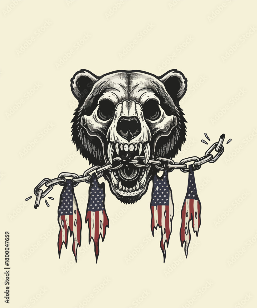 Fototapeta premium Distressed Bear Skull with American Flag Remnants in Chains Illustration