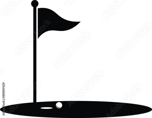 Simple black silhouette of a golf hole with a flag and ball on a white background representing the sport of golf