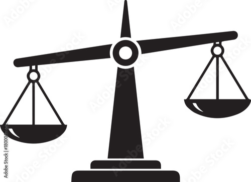 Black silhouette of a classic balance scale with one side weighing down and the other side up symbolizing imbalance justice or a decision being made