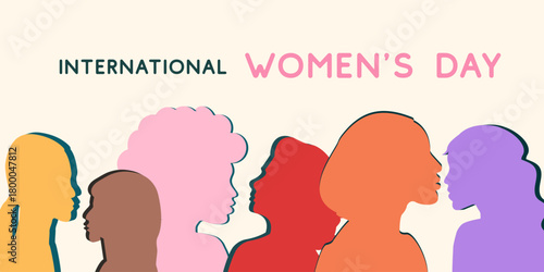 International women's day march 8 web banner, card, poster frame typography design, template for advertising, web, social media. Profile Group of Women different race and ethnicity diversity concept