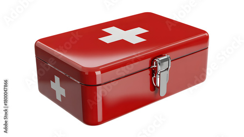Red First Aid Kit Box with White Cross Symbols and Metal Latch portable isolated on a transparent background