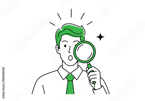 Man with green hair and tie holds magnifying glass, discovery. - Flat stock illustration