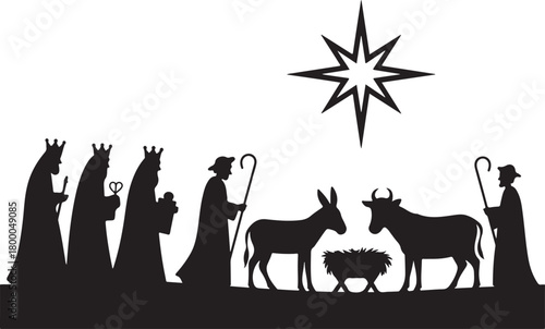 Christmas nativity scene silhouette set. Vector illustration of Biblical characters including three wise men shepherd and holy family