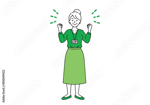 Energetic senior woman in green showing enthusiasm and success - Flat stock illustration