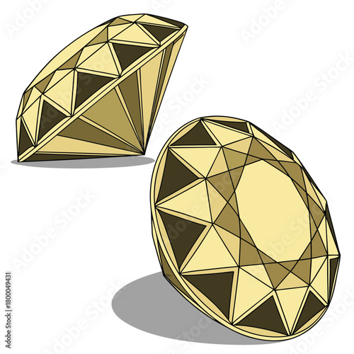Two faceted yellow diamonds with clean lines and shadows on  symbolizing wealth and luxury diamond on white background