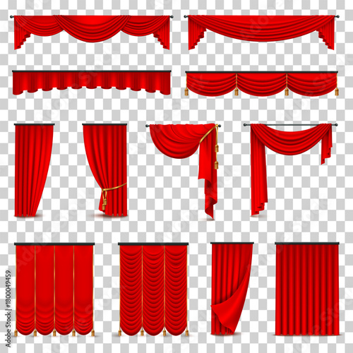 Elegant red velvet curtains and drapes set for theater stage decor