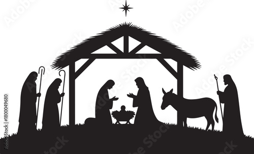 Christmas Nativity scene silhouette. The birth of Jesus in Bethlehem. Christian holiday vector illustration with Mary Joseph and baby Jesus in the manger under the shining star 
