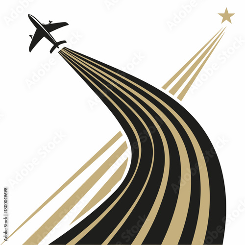 Stylized airplane soaring upwards leaving a trail of black and gold lines towards a golden star against a white background vector illustration of an arrow