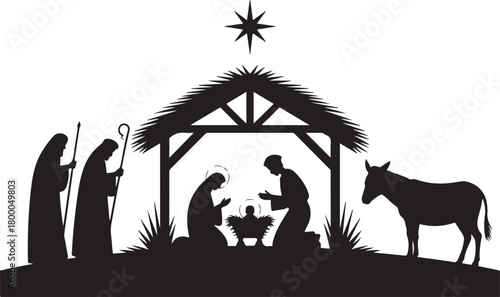 Christmas Nativity scene silhouette. The birth of Jesus in Bethlehem. Christian holiday vector illustration with Mary Joseph and baby Jesus in the manger under the shining star 