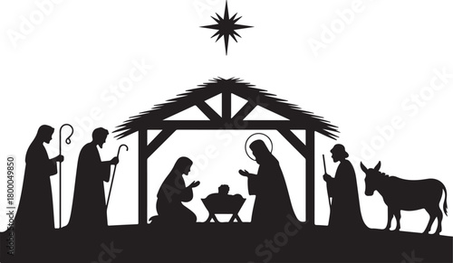 Christmas Nativity scene silhouette. The birth of Jesus in Bethlehem. Christian holiday vector illustration with Mary Joseph and baby Jesus in the manger under the shining star 