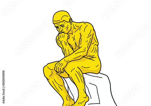 Stylized yellow "the thinker" pondering on gray pedestal artwork - Flat stock illustration