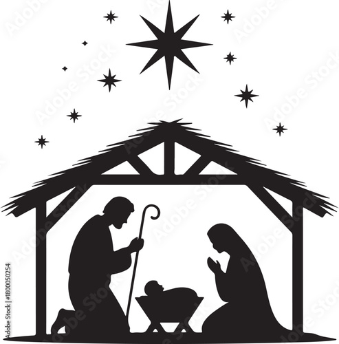 Christmas nativity scene with baby Jesus, Mary and Joseph in the manger.Traditional christian christmas story. Vector illustration for children