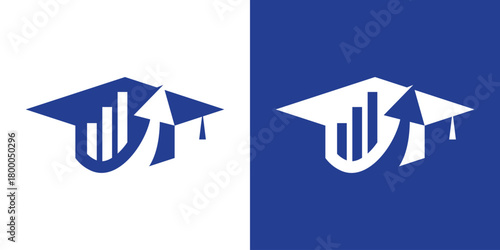 Graduation Finance Arrow Logo, Dual Meaning Symbol Combining a Graduation Cap with Rising Finance Bars and an Upward Arrow to Represent Growth, Knowledge, and Success