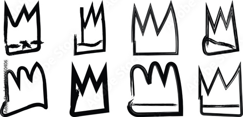 Collection of eight hand drawn black and white crown icons with a rough sketched appearance