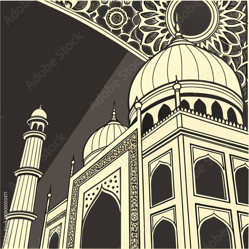 Stylized illustration of the iconic taj mahal mausoleum with intricate floral patterns and minarets against a dark abstract background