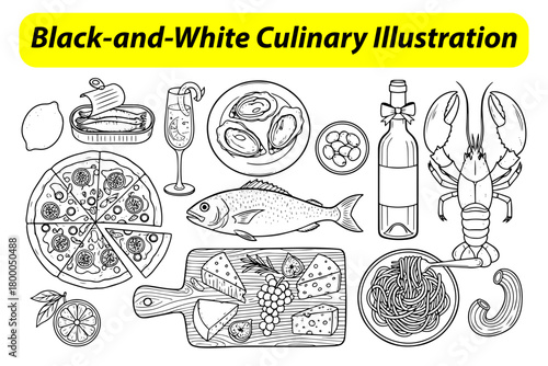 set of Culinary Illustration,
Black-and-White Culinary Illustration,
Hand-Drawn Line Art of Food & Drinks Spread