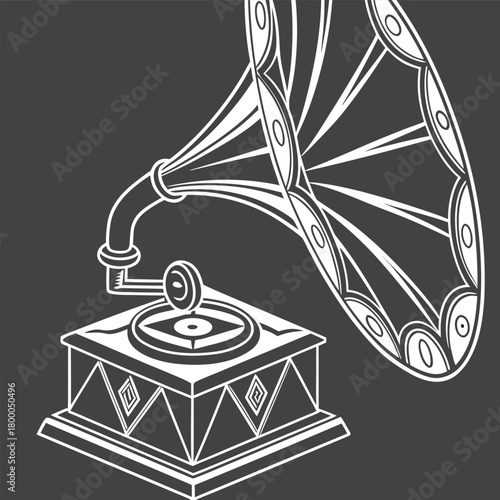 Stylized white line art illustration of an antique gramophone with a large horn and ornate base on a dark gray background