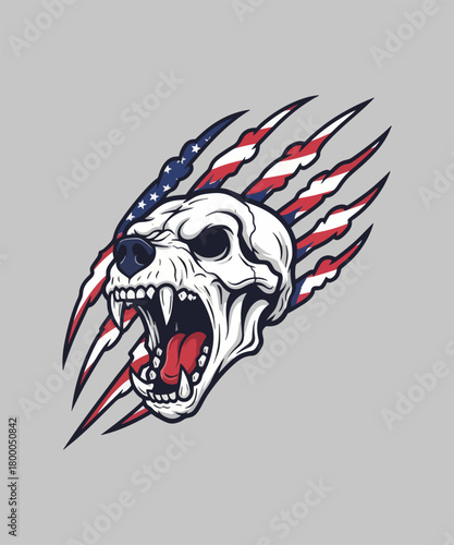 Patriotic Feline Skull Emerging with American Flag Claw Marks An Illustrative Design Symbolizing Pow