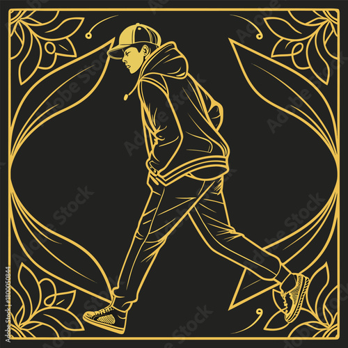 Stylish young man in a hoodie and baseball cap walking confidently with hands in pockets framed by decorative golden floral elements on a black background