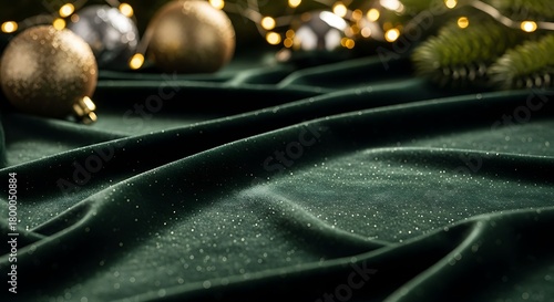 Soft green velvet fabric draped with christmas ornaments and lights