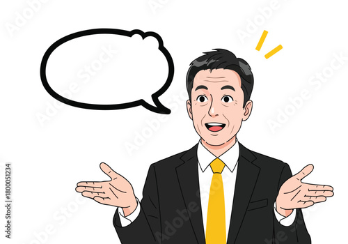 Smiling businessman open hands, speech bubble, sharing new ideas - Flat stock illustration