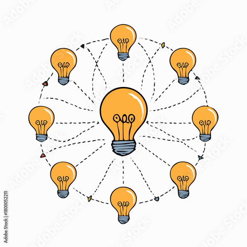 Concept of simplifying complex, confuse problem, purpose understand. Chaos path and idea concept with doodle lightbulbs.