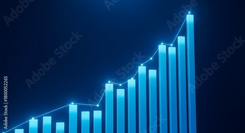 Glowing blue bar graph showing upward trend and growth with a dotted line chart on dark background