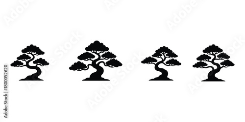 Four stylized black silhouette bonsai trees arranged in a row on a white background
