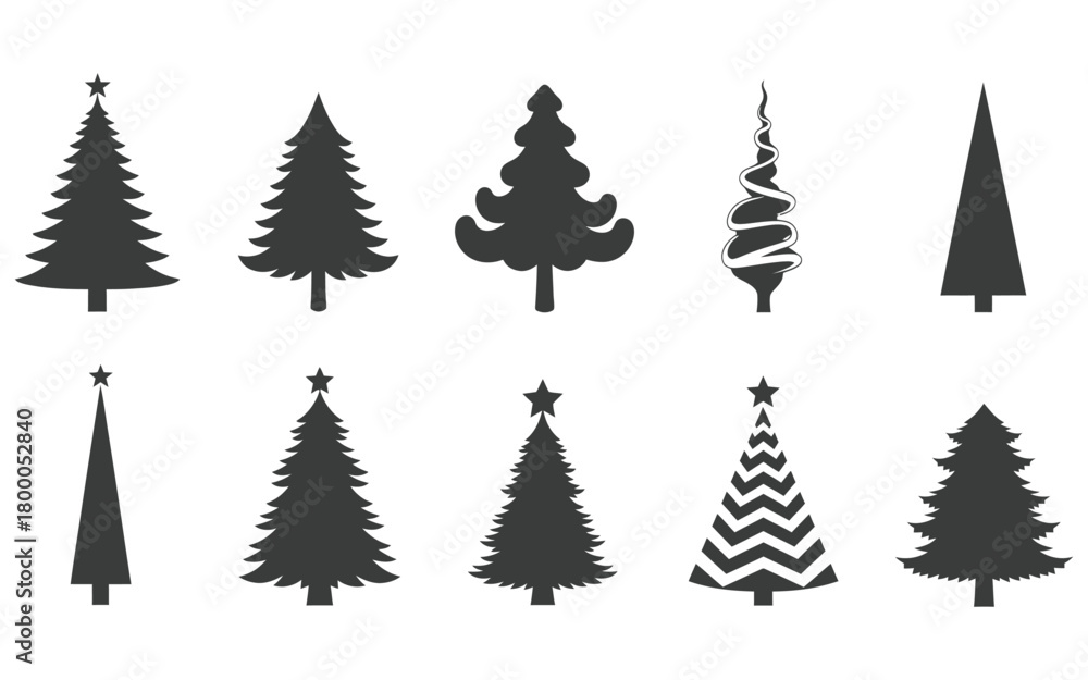 Obraz premium Collection of ten stylized dark grey christmas trees in silhouette with varied designs and shapes