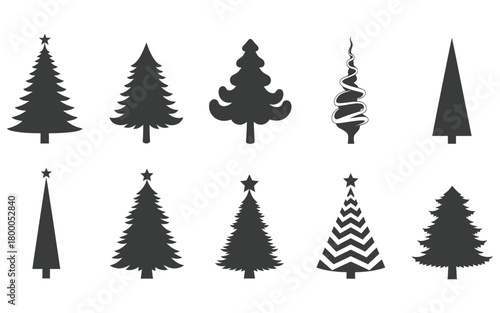 Collection of ten stylized dark grey christmas trees in silhouette with varied designs and shapes