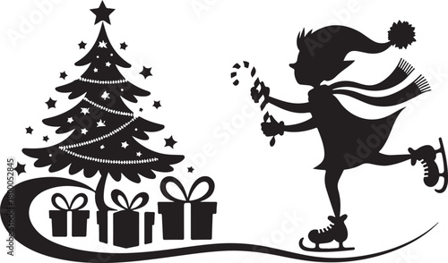 Christmas scene silhouette with ice skating elf and decorated tree. Winter holiday vector illustration with Santa's helper gift boxes and stars. Festive design element