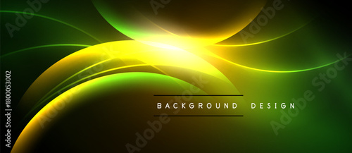 Abstract background features vibrant yellow, green curves. Bright light radiates from center, creating dynamic visual effect. Modern design element.