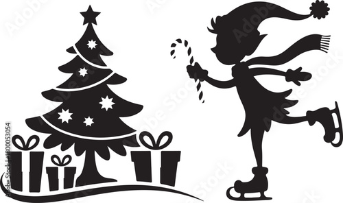 Christmas scene silhouette with ice skating elf and decorated tree. Winter holiday vector illustration with Santa's helper gift boxes and stars. Festive design element